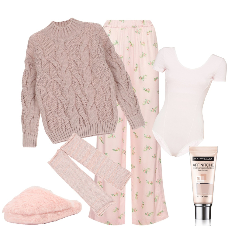 Outfit donna - Pigiama party con le amiche. Stile Basic per Tutti i giorni. Abbinamento con fondotinta, pantofole, maglieria, body, guanti, pantaloni.