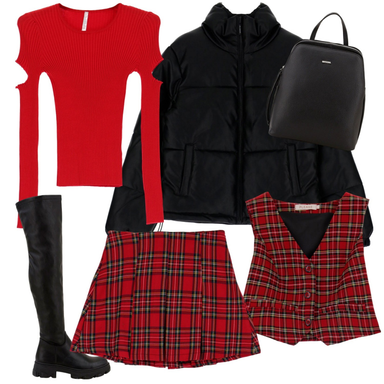 Outfit donna - Red tartan. Stile Trendy per Tutti i giorni. Abbinamento con piumini, gilet, maglieria, zaini, stivali, minigonne.