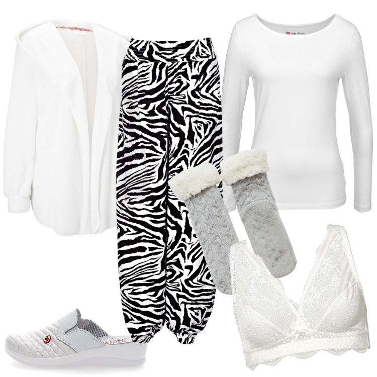 Outfit donna - La bianca tigre pigrona. Stile Casual per Tutti i giorni. Abbinamento con pantaloni a palazzo, t-shirt sportive, bralette, blazer, calzini, ciabatte.