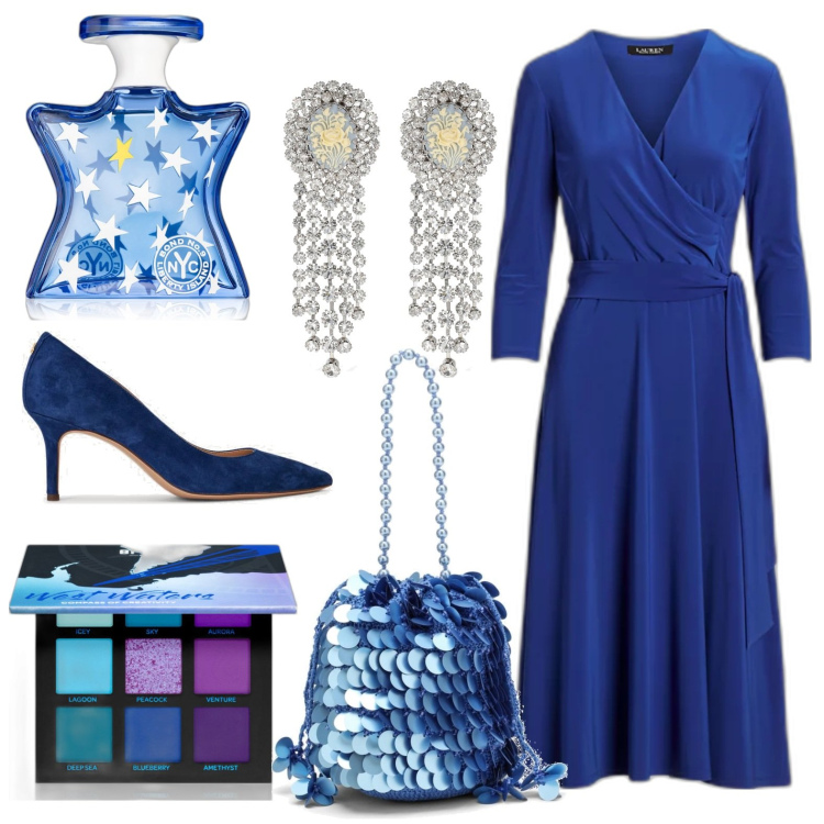 Outfit donna - Cerimonia in blu. Stile Chic per Cerimonia. Abbinamento con ombretti, profumi, vestiti, décolleté, orecchini, valigie.