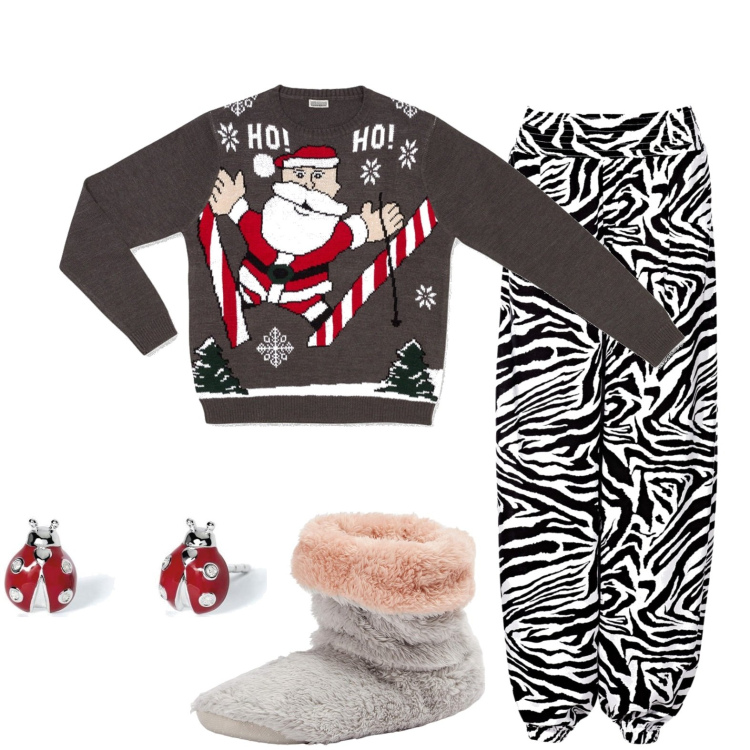 Outfit donna - Homewear. Stile Casual per Tutti i giorni. Abbinamento con pantaloni a palazzo, stivaletti, orecchini, maglieria.