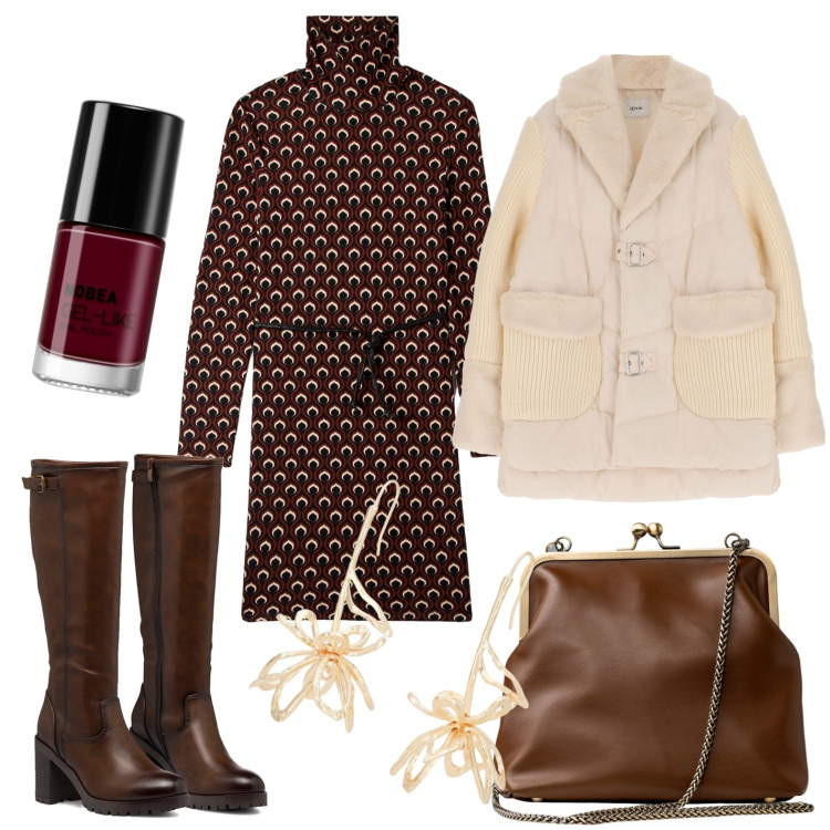 Outfit donna - Abito fantasia optical. Stile Trendy per Serata fuori. Abbinamento con smalti, vestiti corti, stivali sopra il ginocchio, blazer, orecchini, clutch.