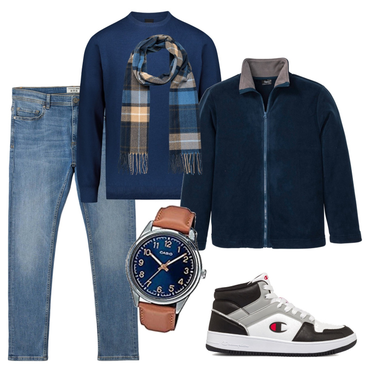 Outfit uomo - Lunedì mattina. Stile Casual per Tutti i giorni. Abbinamento con giacche, jeans skinny, sneakers alte, maglieria, sciarpe, orologi.