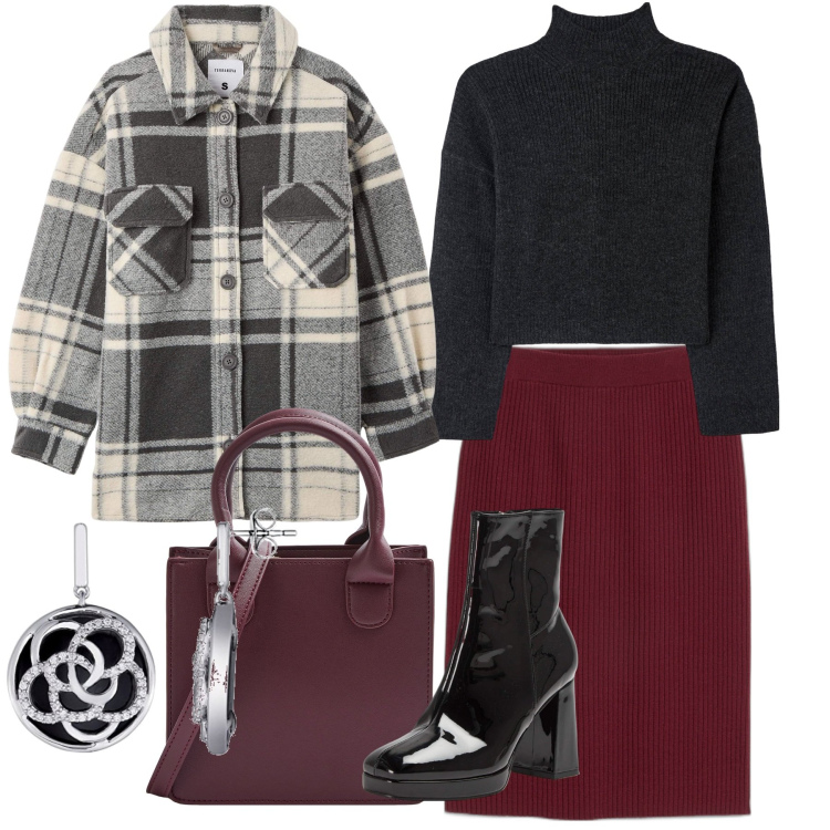 Outfit donna - Street. Stile Urban per Tutti i giorni. Abbinamento con gonne, stivaletti, cappotti, maglieria, shopping bag, orecchini.