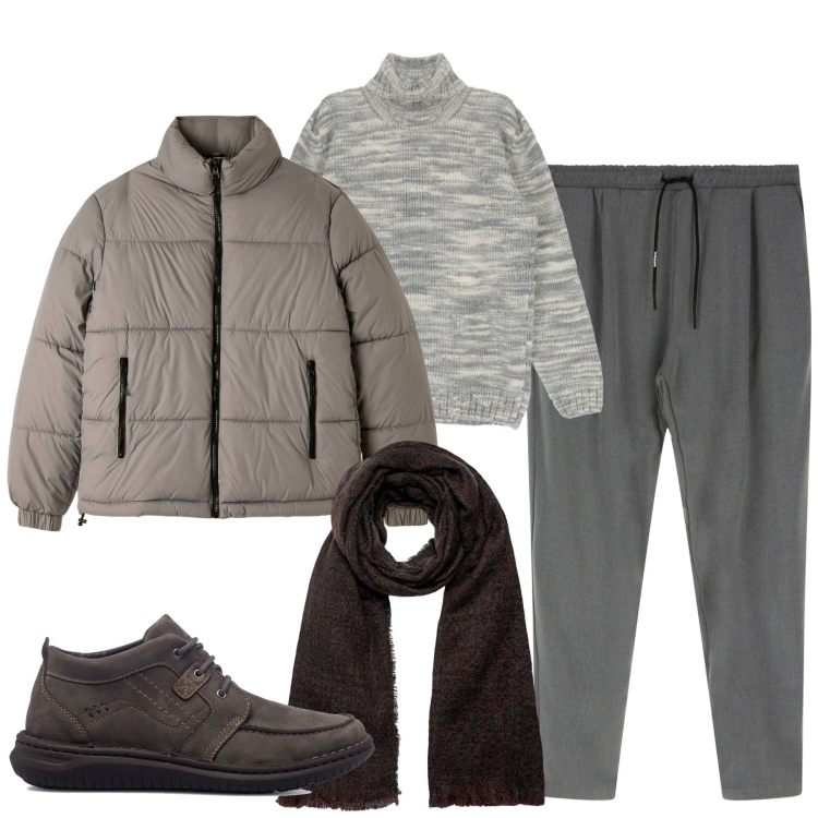 Outfit uomo - Sfumature di grigio. Stile Casual per Tutti i giorni. Abbinamento con piumini, maglieria, pantaloni, stivali e stivaletti, sciarpe.
