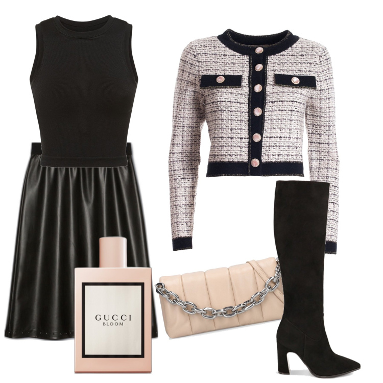 Outfit donna - La giacca modello Chanel. Stile Glamour per Cerimonia. Abbinamento con profumi, blazer, stivali sopra il ginocchio, gonne longuette, canottiere, borse a spalla.