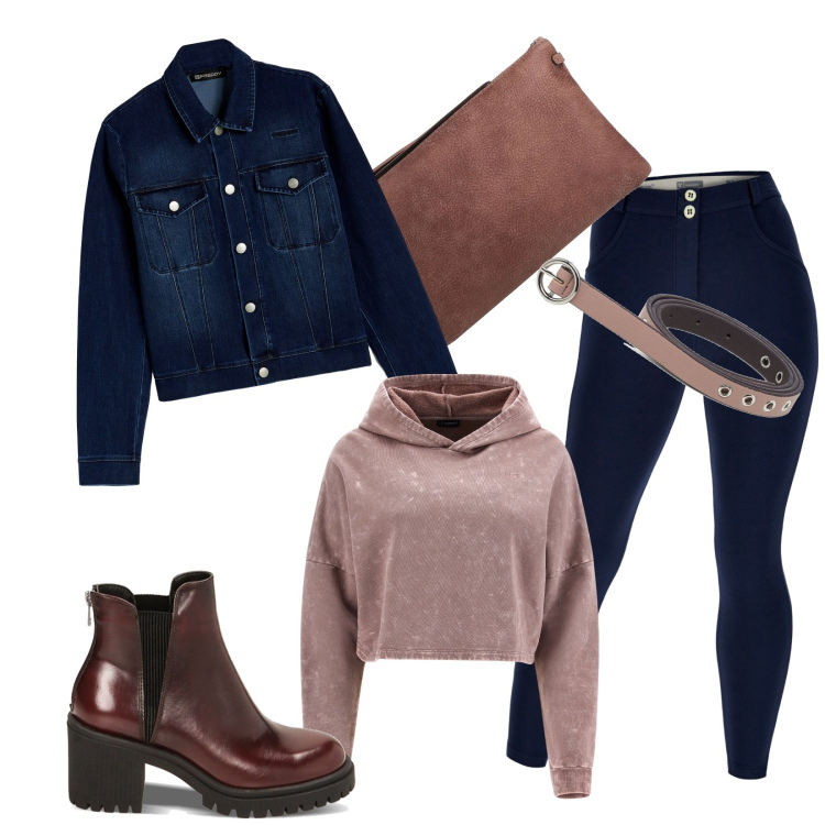 Outfit donna - Total look #1779699. Stile Casual per Tutti i giorni. Abbinamento con borse a mano, pantaloni skinny, felpe con cappuccio, blazer, stivaletti chelsea, cinture.