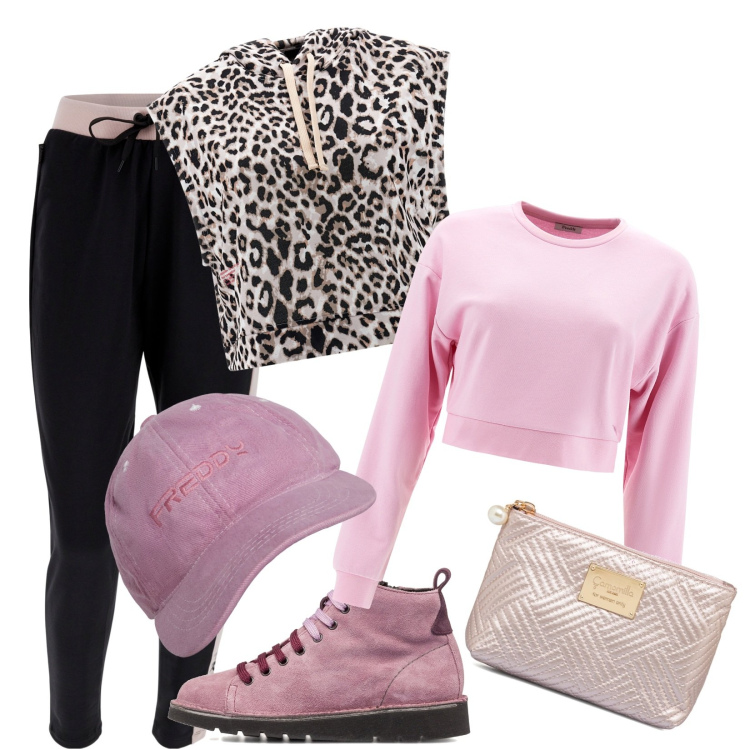 Outfit donna - Total look #1779705. Stile Casual per Tutti i giorni. Abbinamento con felpe, felpe con cappuccio, pantaloni, cappelli, stivaletti, valigie.