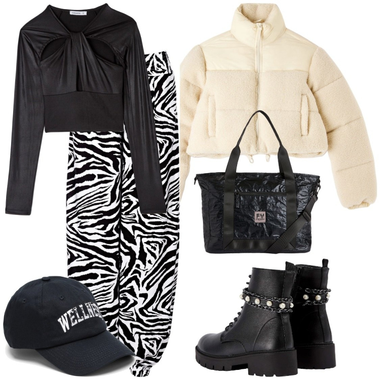 Outfit donna - Wellness. Stile Sporty chic per Sport. Abbinamento con pantaloni a palazzo, anfibi, piumini, t-shirt, borse tote, cappelli.