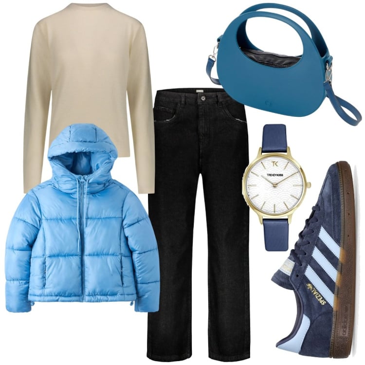 Outfit donna - Basico. Stile Basic per Tutti i giorni. Abbinamento con jeans, sneakers, borse a spalla, piumini, maglieria, orologi analogici.