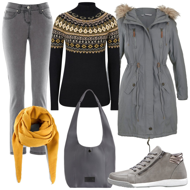 Outfit donna - Grigio giallo e nero. Stile Casual per Tutti i giorni. Abbinamento con foulard, jeans slim fit, sneakers alte, parka, maglieria, borse a spalla.