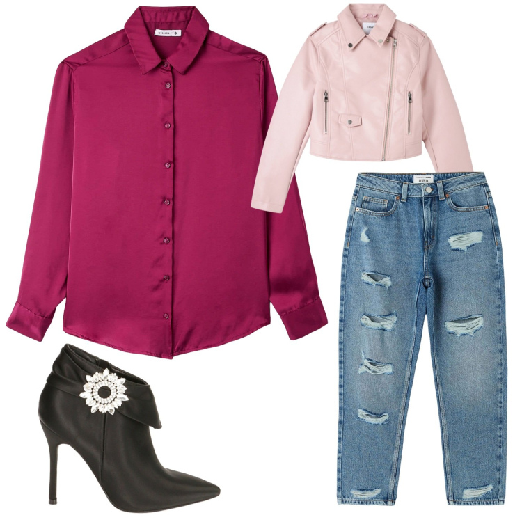 Outfit donna - La camicia ciclamino. Stile Casual chic per Serata fuori. Abbinamento con jeans mom, camicie, giacche, stivaletti.