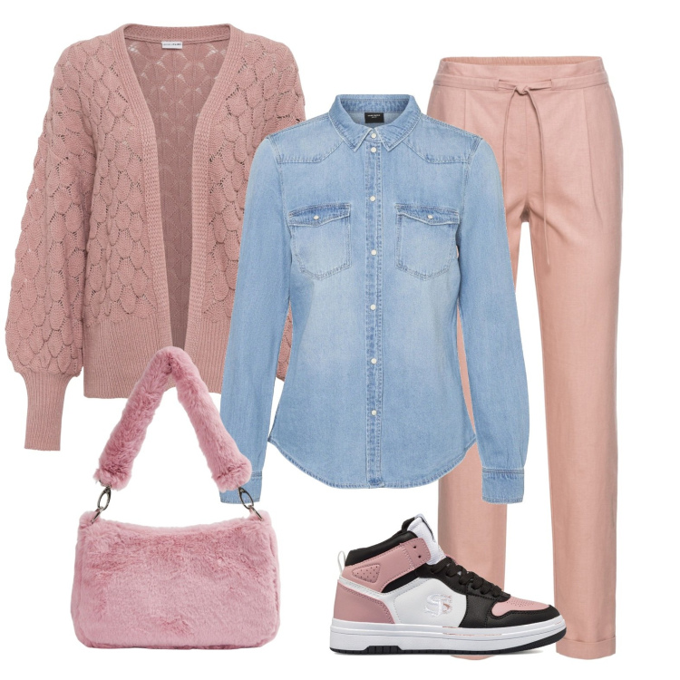 Outfit donna - La camicia di jeans. Stile Sporty chic per Scuola/Università. Abbinamento con pantaloni, cardigans, borse a spalla, sneakers alte, camicie.