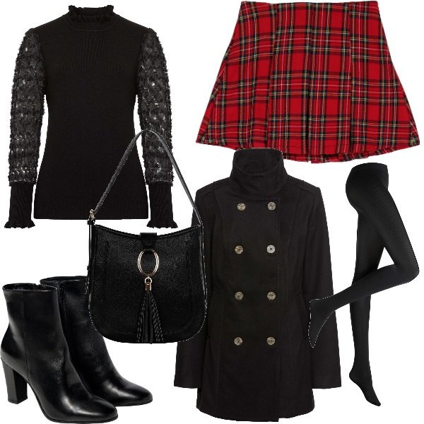 Outfit donna - Lo stile casual chic. Stile Chic per Serata fuori. Abbinamento con maglieria, collant, caban, borse a spalla, minigonne, stivaletti.