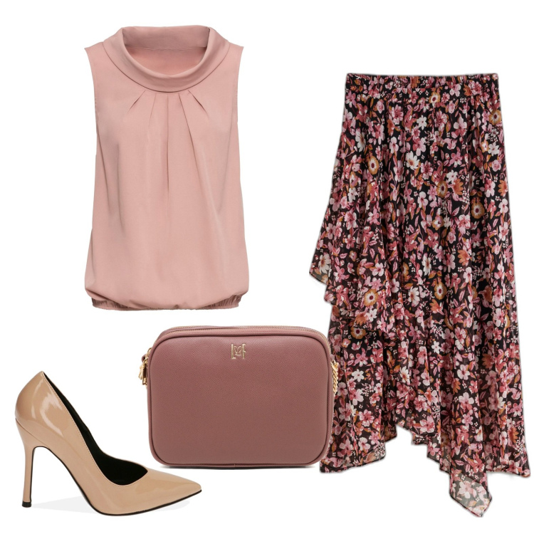 Outfit donna - Rosa antico. Stile Romantica per Serata fuori. Abbinamento con top, gonne, décolleté, borse a tracolla.
