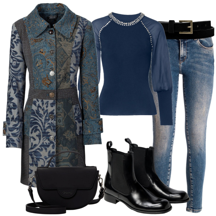 Outfit donna - Total look #1779770. Stile Casual chic per Scuola/Università. Abbinamento con cappotti, maglieria, jeans skinny, stivaletti chelsea, borse a spalla, cinture.