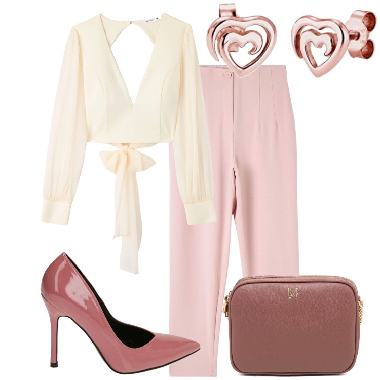 Outfit donna - Romantica. Stile Romantica per Cerimonia. Abbinamento con pantaloni chino, bluse, décolleté, borse a tracolla, orecchini.