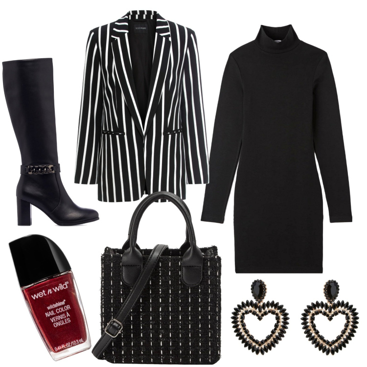 Outfit donna - Righe&cuori. Stile Basic per Serata fuori. Abbinamento con blazer, smalti, vestiti midi/longuette, shopping bag, orecchini, stivali sopra il ginocchio.