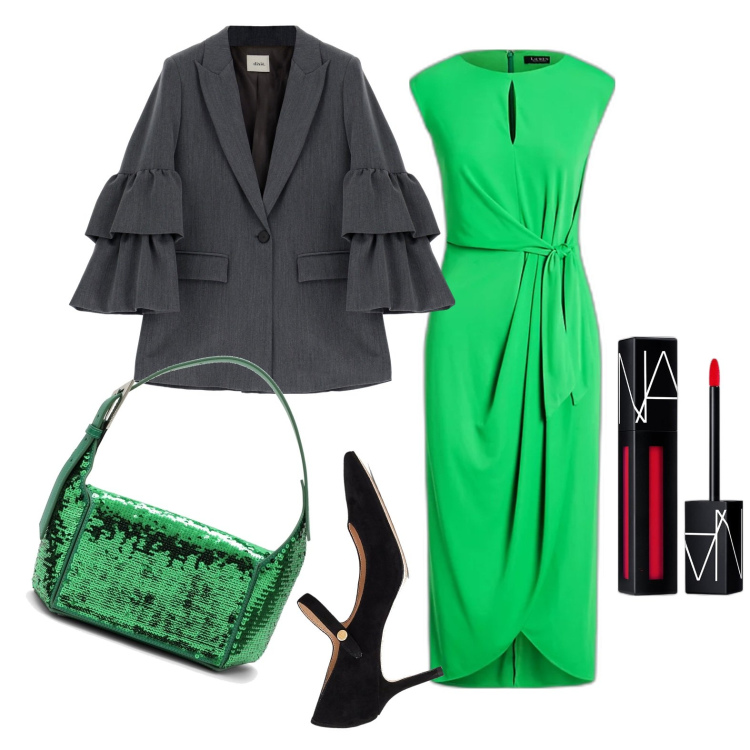 Outfit donna - Invitata in verde. Stile Chic per Cerimonia. Abbinamento con rossetti, cappotti, vestiti, décolleté, borse a spalla.