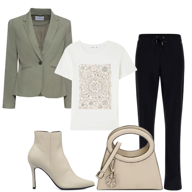 Outfit donna - La giacca verde. Stile Casual chic per Tutti i giorni. Abbinamento con blazer, t-shirt, pantaloni, borse a spalla, stivaletti.