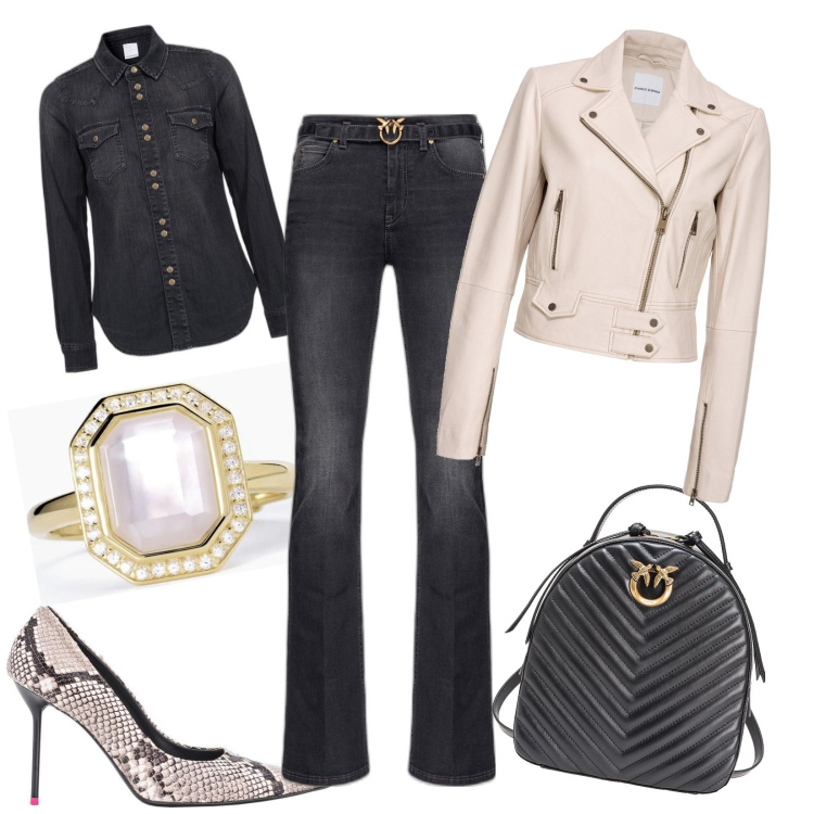 Outfit donna - Casual stilosa. Stile Casual chic per Tutti i giorni. Abbinamento con anelli, zaini, camicie, décolleté, jeans, giacche.
