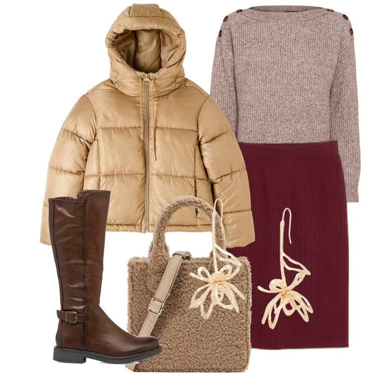 Outfit donna - La gonna natalizia. Stile Minimal per Tutti i giorni. Abbinamento con gonne, maglieria, shopping bag, piumini, orecchini, stivali sopra il ginocchio.