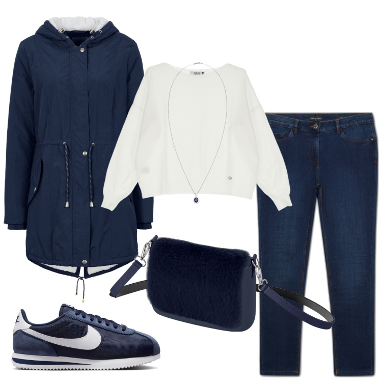 Outfit donna - Il blu di mezzanotte. Stile Basic per Tutti i giorni. Abbinamento con parka, felpe, jeans skinny, collane, sneakers, borse a spalla.