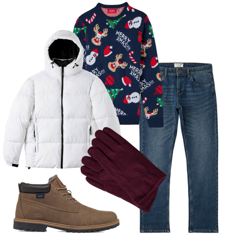 Outfit uomo - Natale in allegria. Stile Casual per Tutti i giorni. Abbinamento con piumini, maglieria, jeans, stivali e stivaletti, guanti.