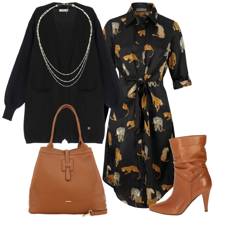 Outfit donna - L\'abito stampato. Stile Trendy per Tutti i giorni. Abbinamento con vestiti chemisier, cardigans, borse a secchiello, stivaletti, collane.
