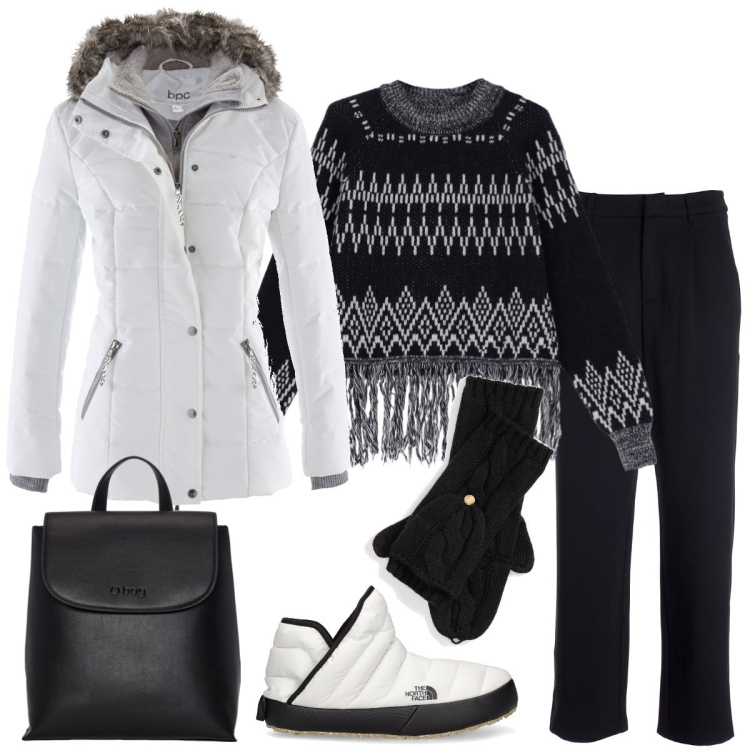 Outfit donna - Passeggiata in montagna. Stile Casual per Tutti i giorni. Abbinamento con piumini, pantaloni, maglieria, guanti, stivali sopra il ginocchio, zaini.