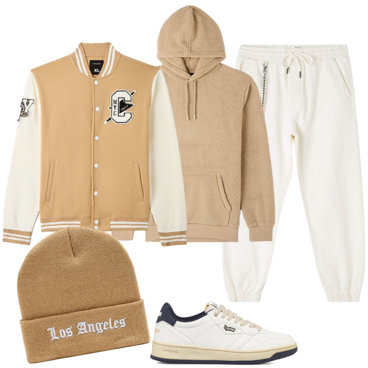 Outfit uomo - Urban nei toni chiari. Stile Urban per Tutti i giorni. Abbinamento con pantaloni sportivi, bomber, felpe con cappuccio, berretti, sneakers.