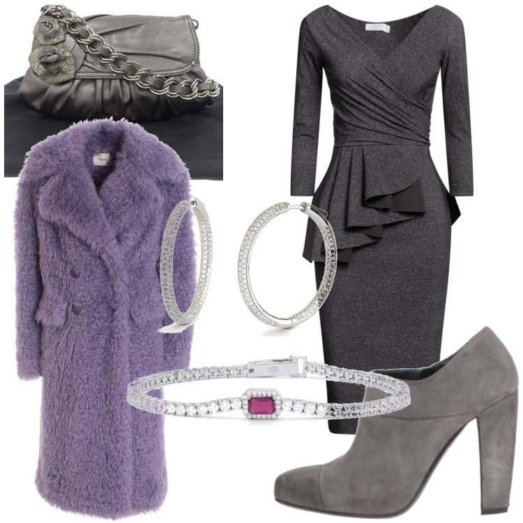 Outfit donna - Pelliccia lilla. Stile Glamour per Serata fuori. Abbinamento con décolleté, borse a spalla, vestiti midi/longuette, orecchini, braccialetti, cappotti.