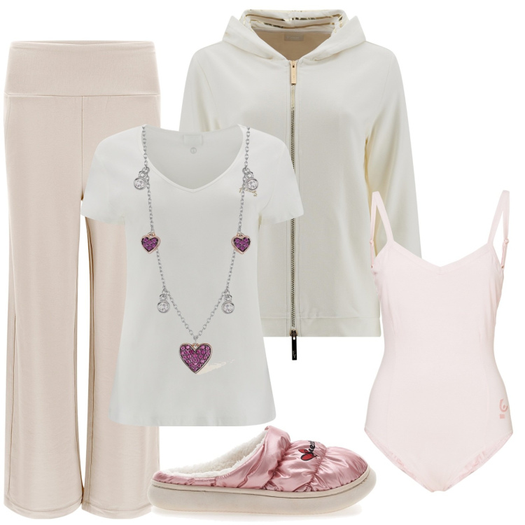 Outfit donna - Teneramente homewear. Stile Casual per Tutti i giorni. Abbinamento con collane, body, pantaloni, felpe con cappuccio, t-shirt, pantofole.