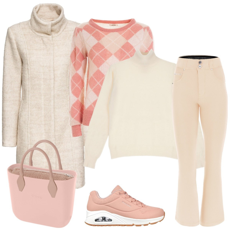 Outfit donna - Passeggiata al parco. Stile Casual chic per Tutti i giorni. Abbinamento con cappotti, maglieria, pantaloni, maglieria, sneakers, borse a spalla.