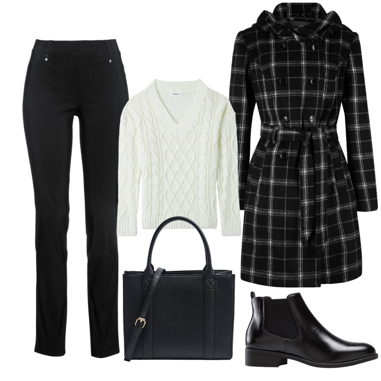 Outfit donna - Bianco e nero (veg ok). Stile Casual chic per Tutti i giorni. Abbinamento con pantaloni, stivaletti chelsea, cappotti, maglieria, shopping bag.