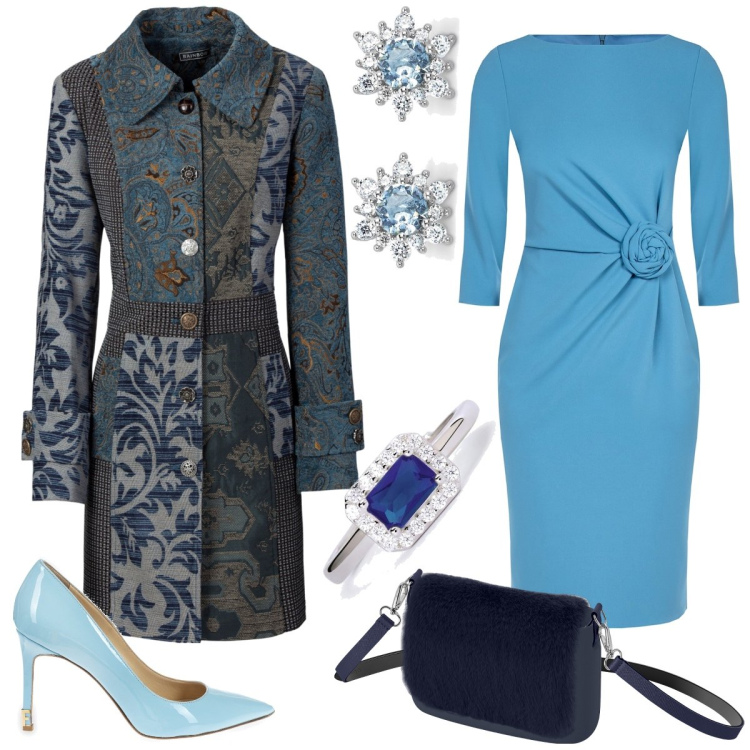 Outfit donna - Aperitivo. Stile Chic per Serata fuori. Abbinamento con cappotti, orecchini, anelli, vestiti midi/longuette, décolleté, borse a spalla.