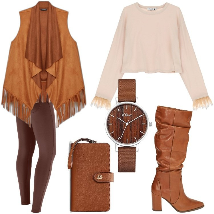 Outfit donna - Frange x Xmas. Stile Boho per Serata fuori. Abbinamento con maglieria, pantaloni skinny, gilet, stivali, pochette, orologi.