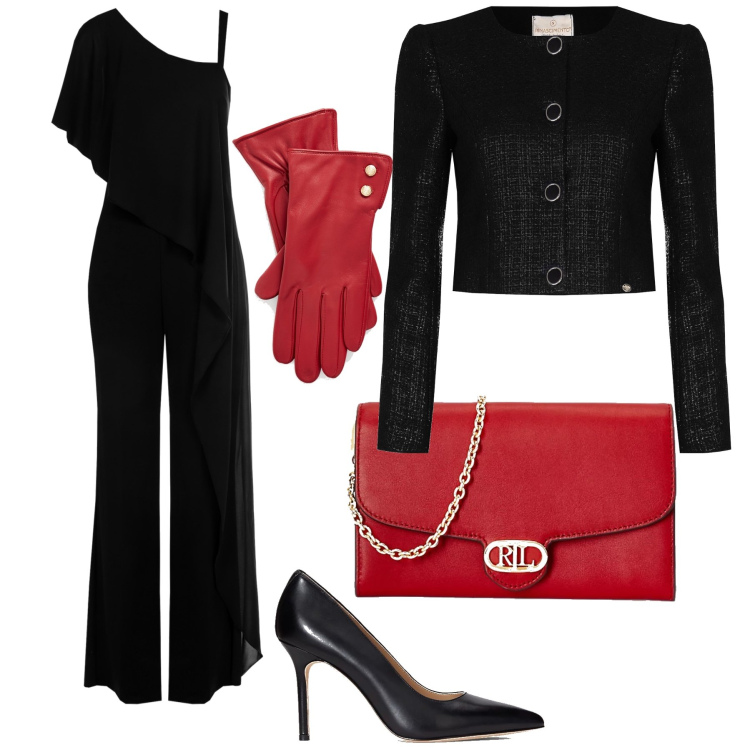 Outfit donna - Gran cenone. Stile Chic per Serata fuori. Abbinamento con tute, cappotti, borse a tracolla, guanti, décolleté.