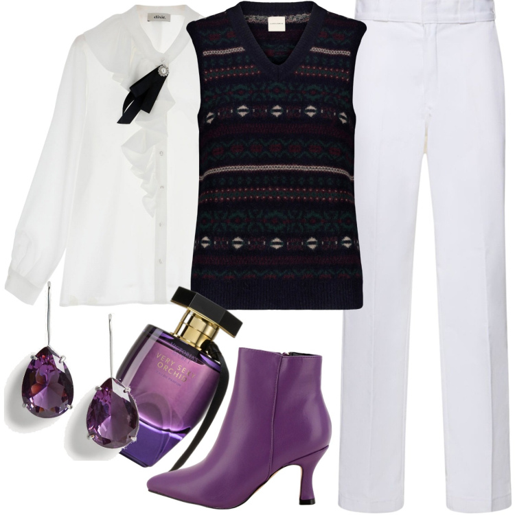 Outfit donna - Total look #1779950. Stile Casual chic per Tutti i giorni. Abbinamento con profumi, stivaletti, camicie, orecchini, pantaloni, maglieria.