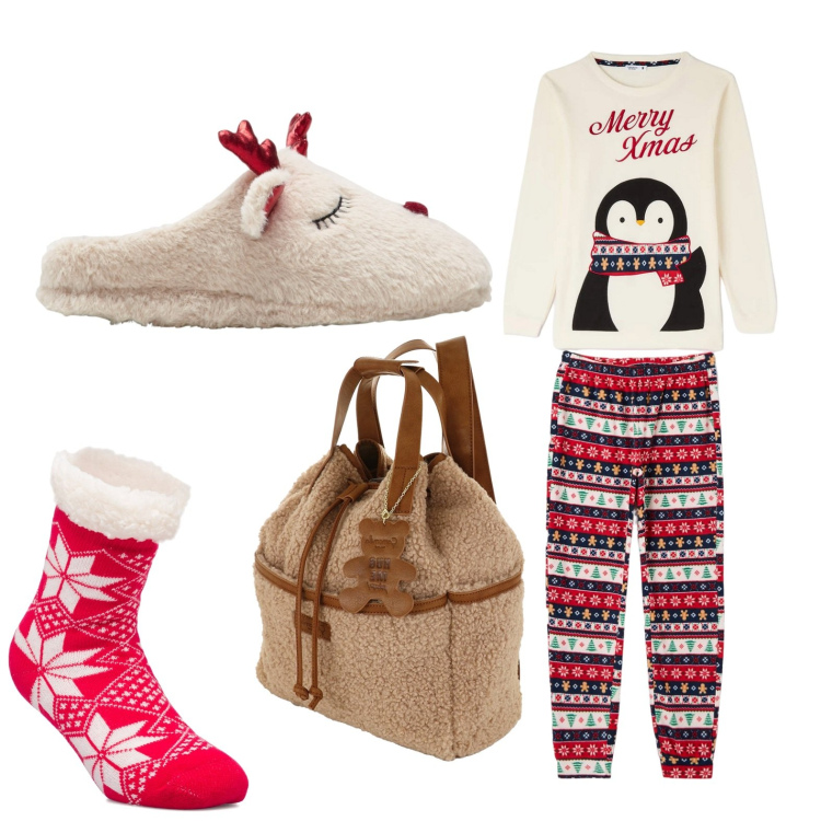 Outfit donna - Un Natale morbidoso. Stile Basic per Tutti i giorni. Abbinamento con pantofole, pigiama, calzini, zaini.