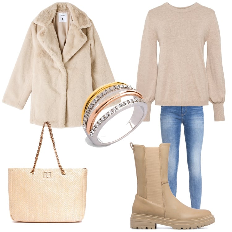 Outfit donna - Shopping con le amiche. Stile Casual chic per Tutti i giorni. Abbinamento con maglieria, anelli, jeans, borse a spalla, stivaletti, ecopellicce.