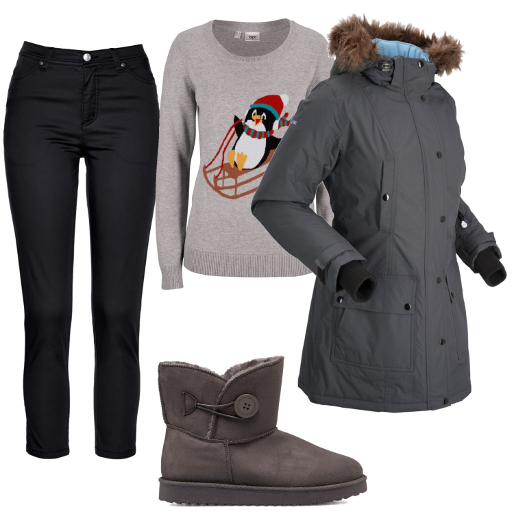 Outfit donna - Look natalizio comodo. Stile Basic per Tutti i giorni. Abbinamento con pantaloni, blazer, maglieria, stivaletti.