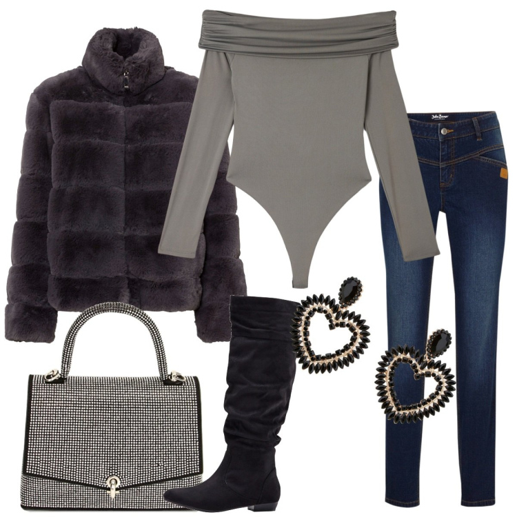 Outfit donna - Total look #1779972. Stile Basic per Tutti i giorni. Abbinamento con ecopellicce, stivali, jeans skinny, body, borse a mano, orecchini.