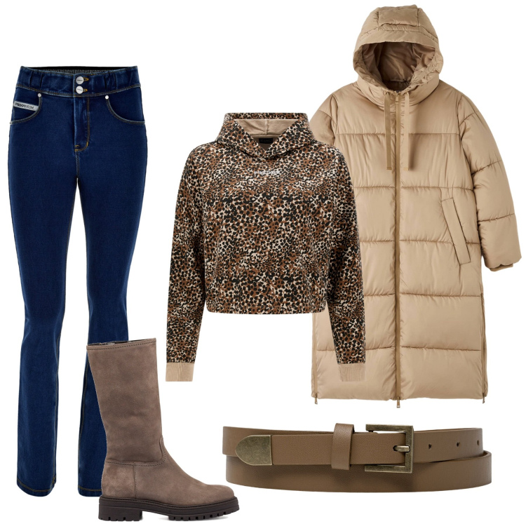 Outfit donna - Total look #1779983. Stile Casual per Tutti i giorni. Abbinamento con piumini, jeans slim fit, felpe con cappuccio, stivali sopra il ginocchio, cinture.