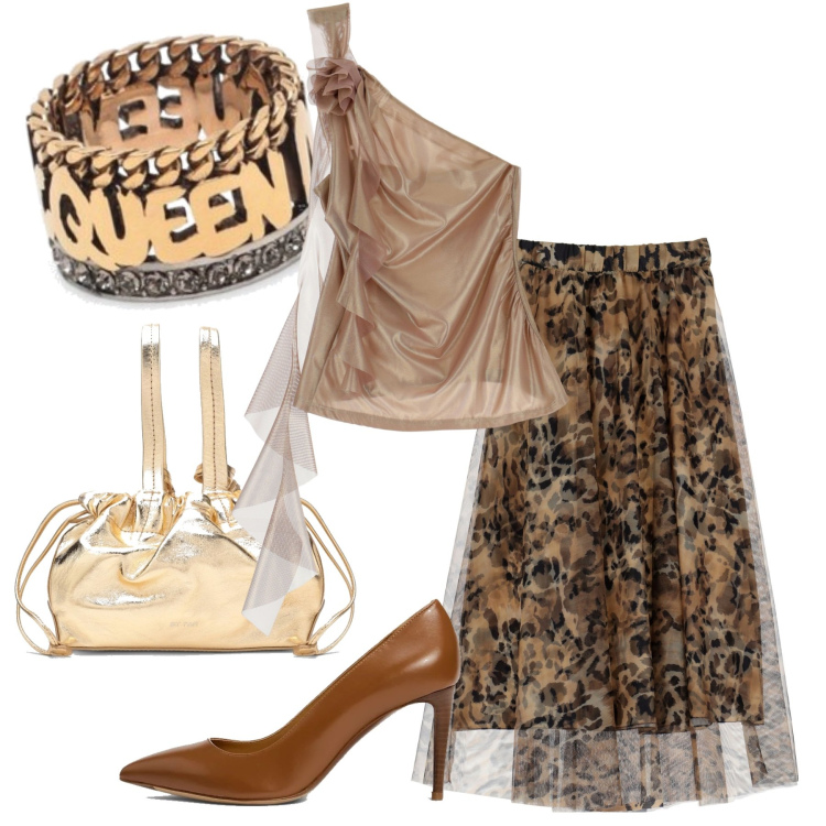 Outfit donna - Etno chic animalier. Stile Etnico per Serata fuori. Abbinamento con top, gonne longuette, décolleté, anelli, borse a mano.