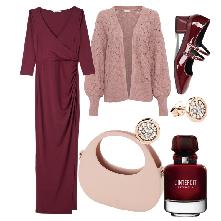 Outfit donna - 1 Gennaio - Benevento Nuovo Anno. Stile Chic per Serata fuori. Abbinamento con cardigans, profumi, vestiti lunghi, décolleté, borse a spalla, orecchini.