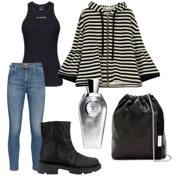 Outfit donna - Non solo felpa. Stile Urban per Tutti i giorni. Abbinamento con profumi, felpe con cappuccio, stivaletti, jeans, canottiere, borse a secchiello.