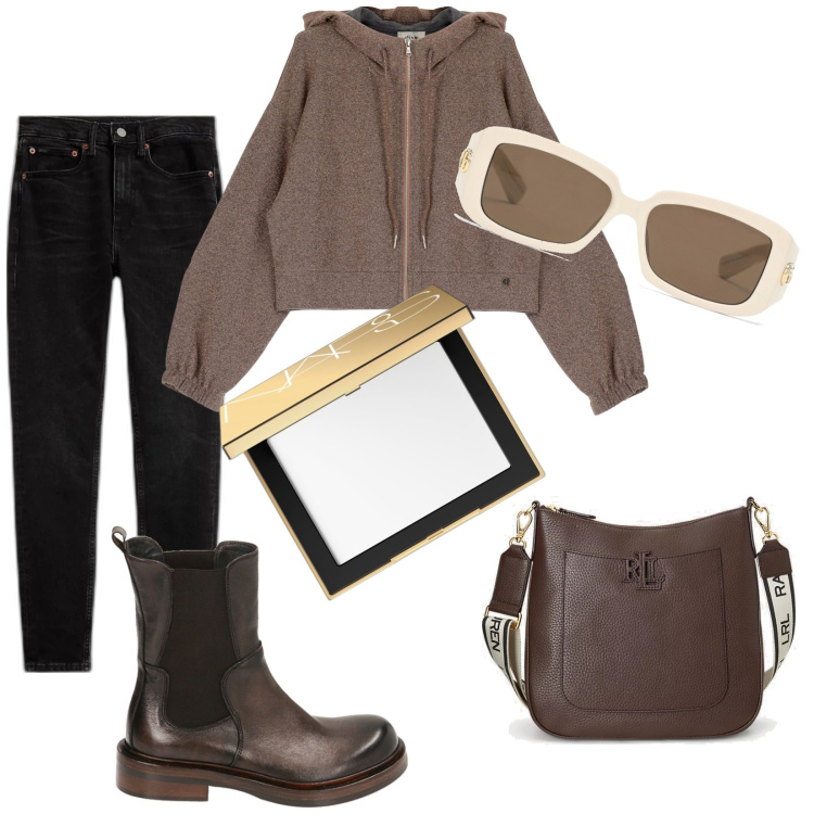 Outfit donna - Total look #1780031. Stile Casual per Tutti i giorni. Abbinamento con fondotinta, stivaletti chelsea, felpe con cappuccio, borse a tracolla, jeans slim fit, occhiali da sole.