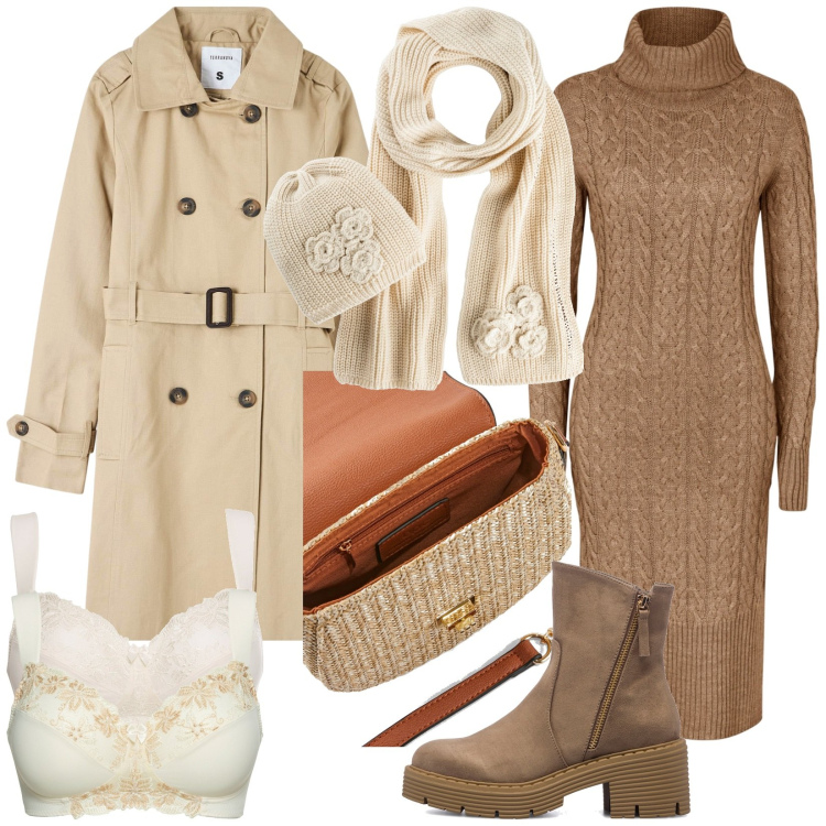 Outfit donna - Total look #1780034. Stile Casual per Tutti i giorni. Abbinamento con vestiti midi/longuette, reggiseni, borse a tracolla, sciarpe, trench, stivaletti.