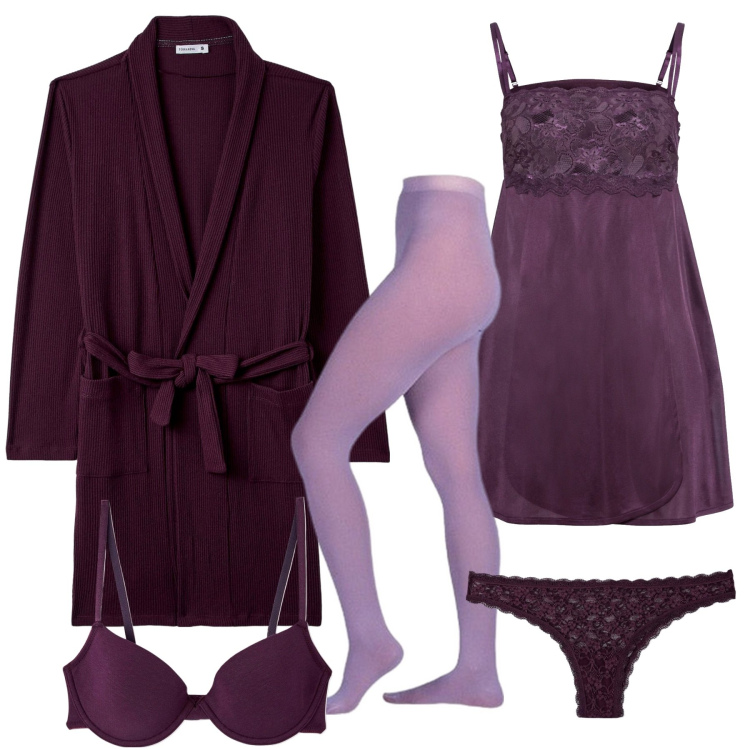 Outfit donna - Homewear chic. Stile Chic per Tutti i giorni. Abbinamento con vestaglie, vestaglie, slip, reggiseni, collant.